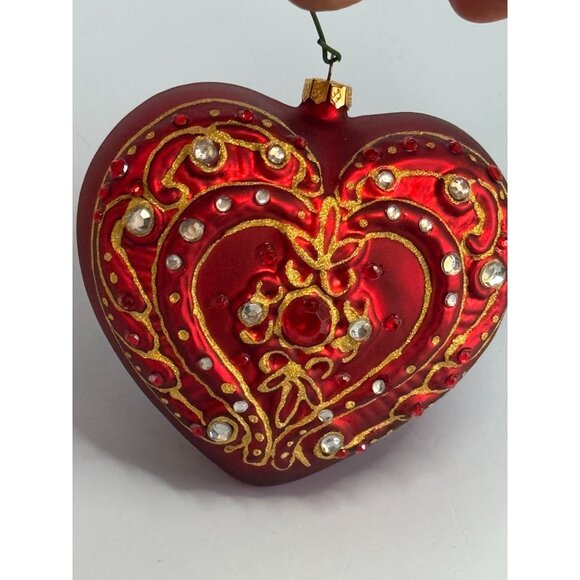 Dillards Handcrafted Glass Heart Ornament Red Jeweled 3" x 3 1/4" Boxed - Picture 4 of 6